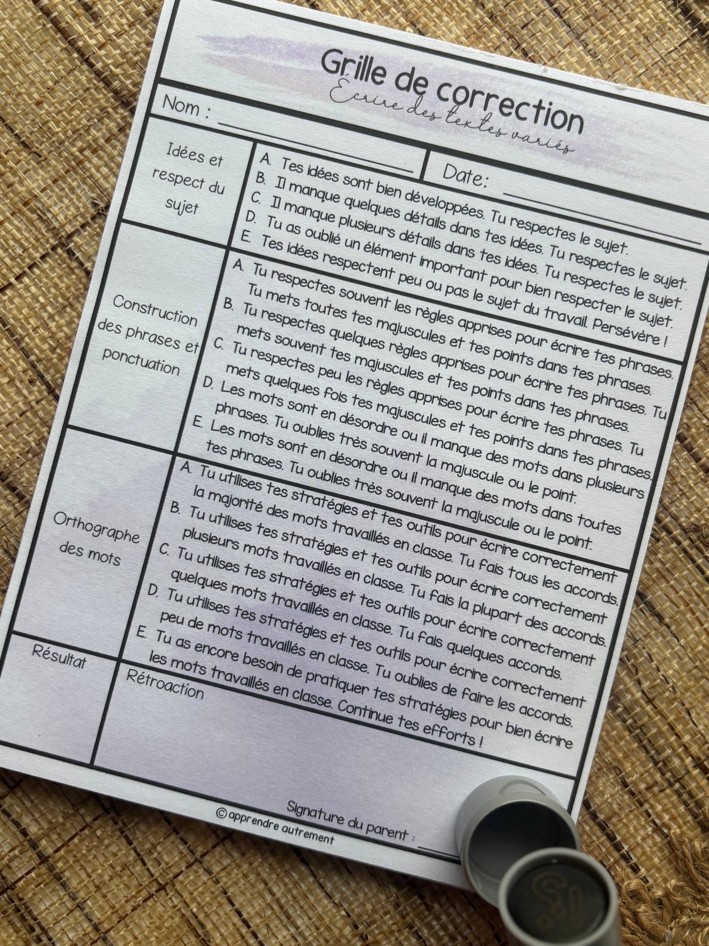 Grille de correction écriture - 1er cycle